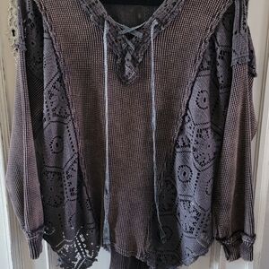 gimmicks by BKE Lace-Panel V-Neck Knit Sweater - Charcoal Gray